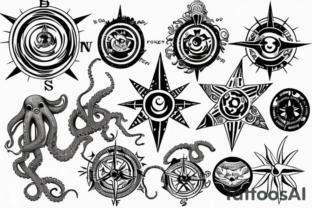 rising sun sun burst over ocean with an alien octopus holding a compass tattoo idea