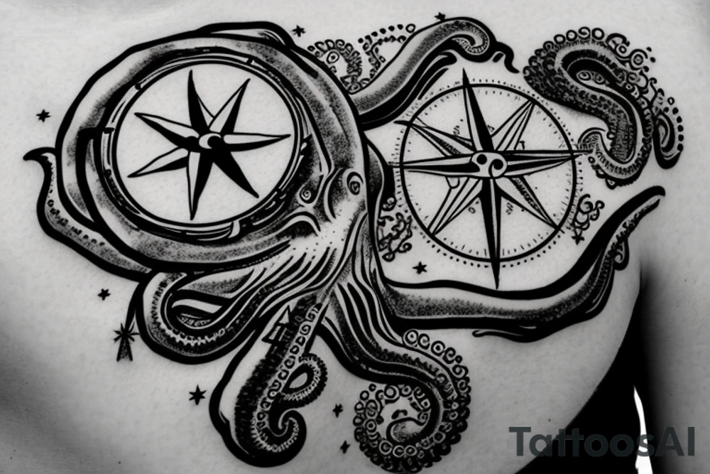 rising sun sun burst over ocean with an alien octopus holding a compass tattoo idea