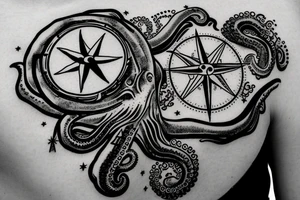rising sun sun burst over ocean with an alien octopus holding a compass tattoo idea