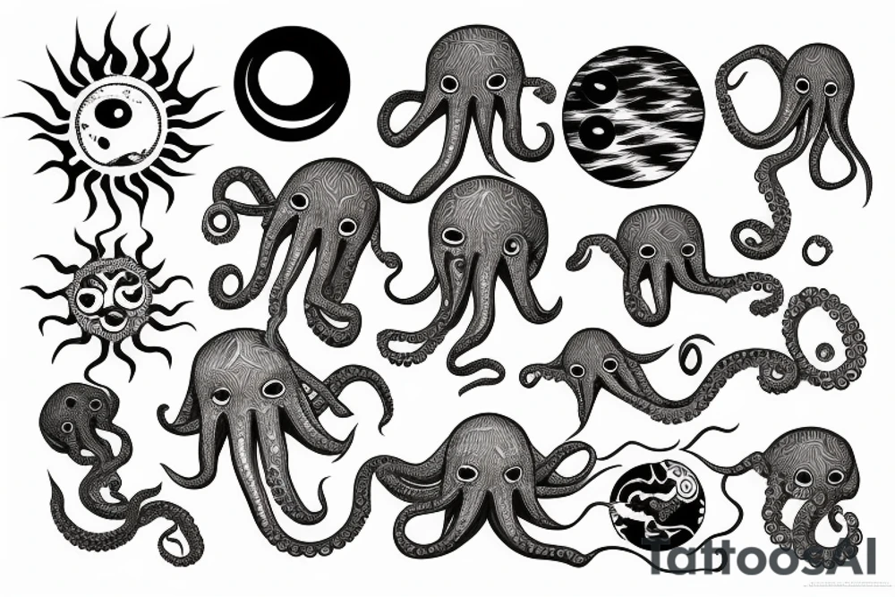 rising sun sun burst sun rise over ocean with an alien octopus tattoo idea