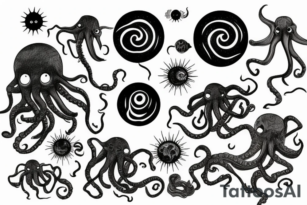 rising sun sun burst sun rise over ocean with an alien octopus tattoo idea