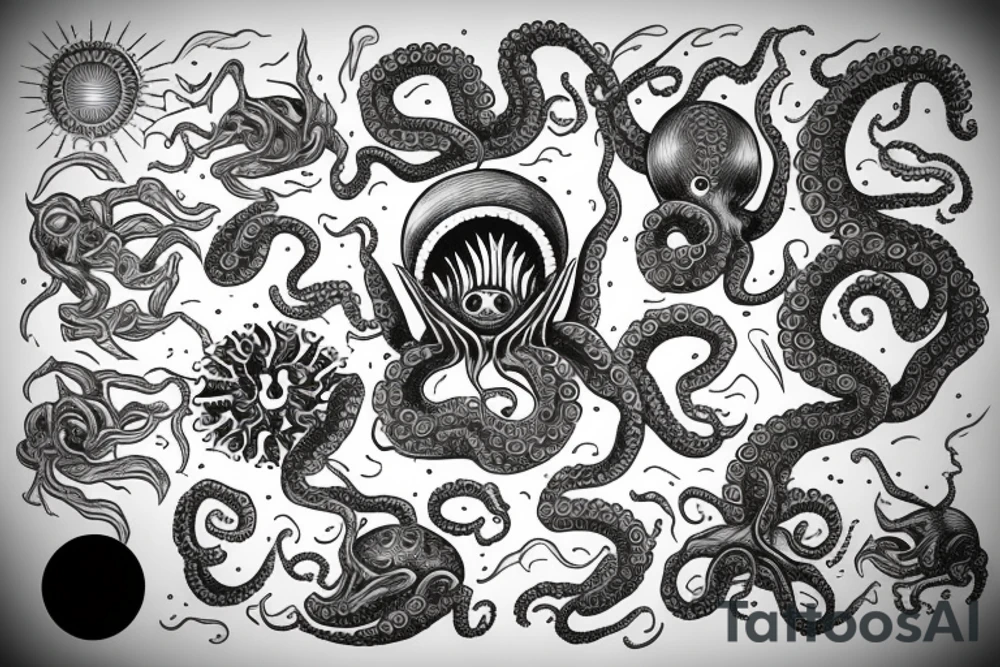 rising sun sun burst sun rise over ocean with an alien octopus tattoo idea