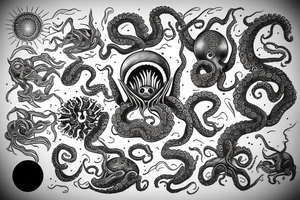 rising sun sun burst sun rise over ocean with an alien octopus tattoo idea