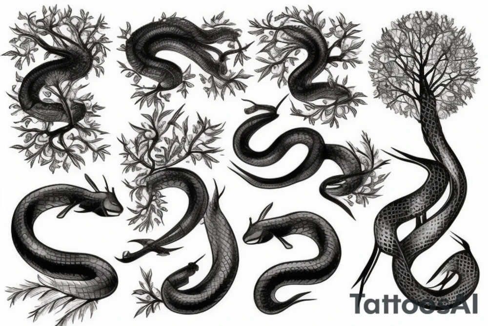 Gentile detailed perfect black snake and tree and horse and lake microrealism tattoo idea