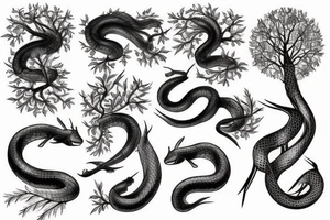 Gentile detailed perfect black snake and tree and horse and lake microrealism tattoo idea