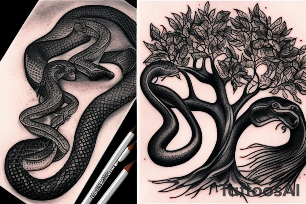 Gentile detailed perfect black snake and tree and horse and lake microrealism tattoo idea