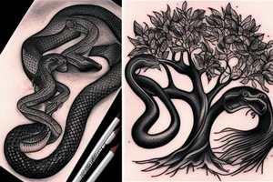 Gentile detailed perfect black snake and tree and horse and lake microrealism tattoo idea