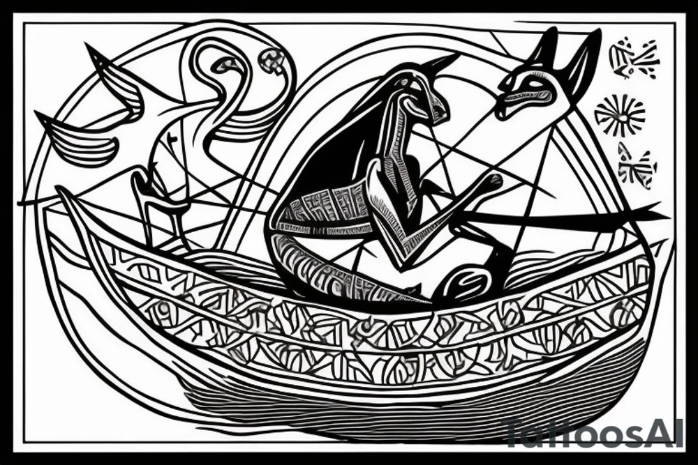 Anubis is sailing in a boat on the river of the dead tattoo idea