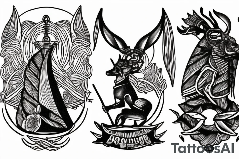 Anubis is sailing in a boat on the river of the dead tattoo idea