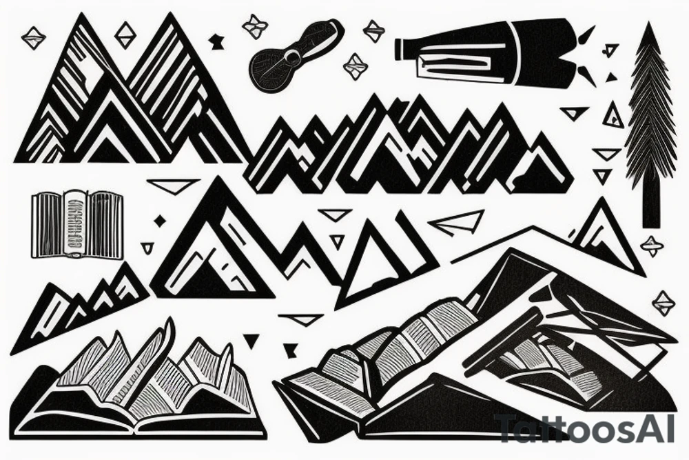Mountains, Piano, Books, Travel tattoo idea