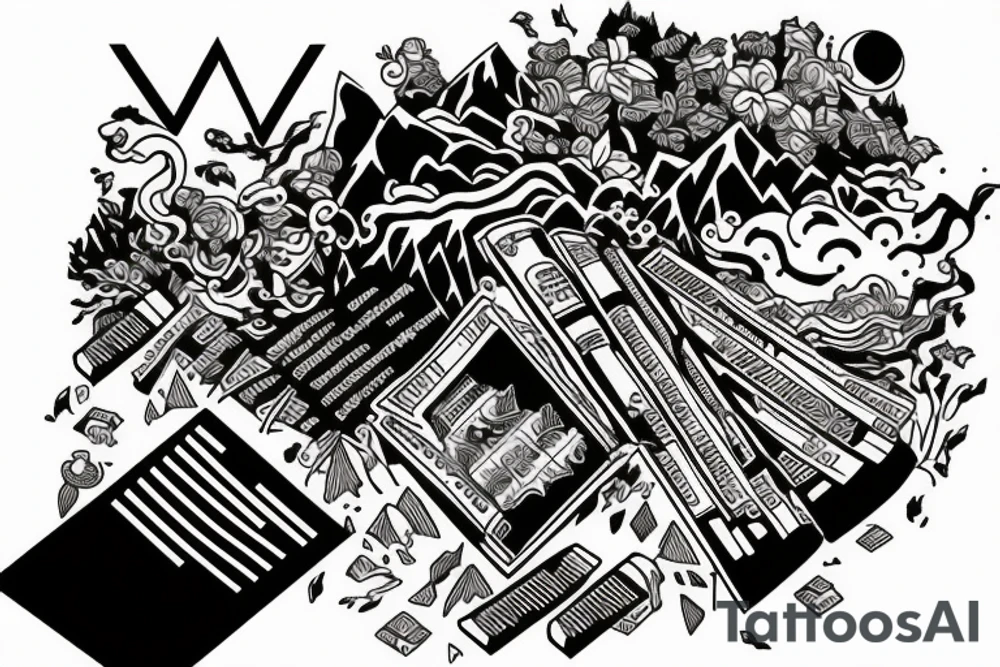 Mountains, Piano, Books, Travel tattoo idea