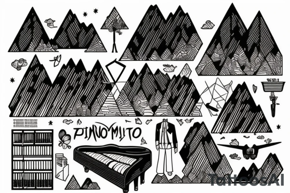 Mountains, Piano, Books, Travel tattoo idea