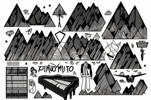 Mountains, Piano, Books, Travel tattoo idea