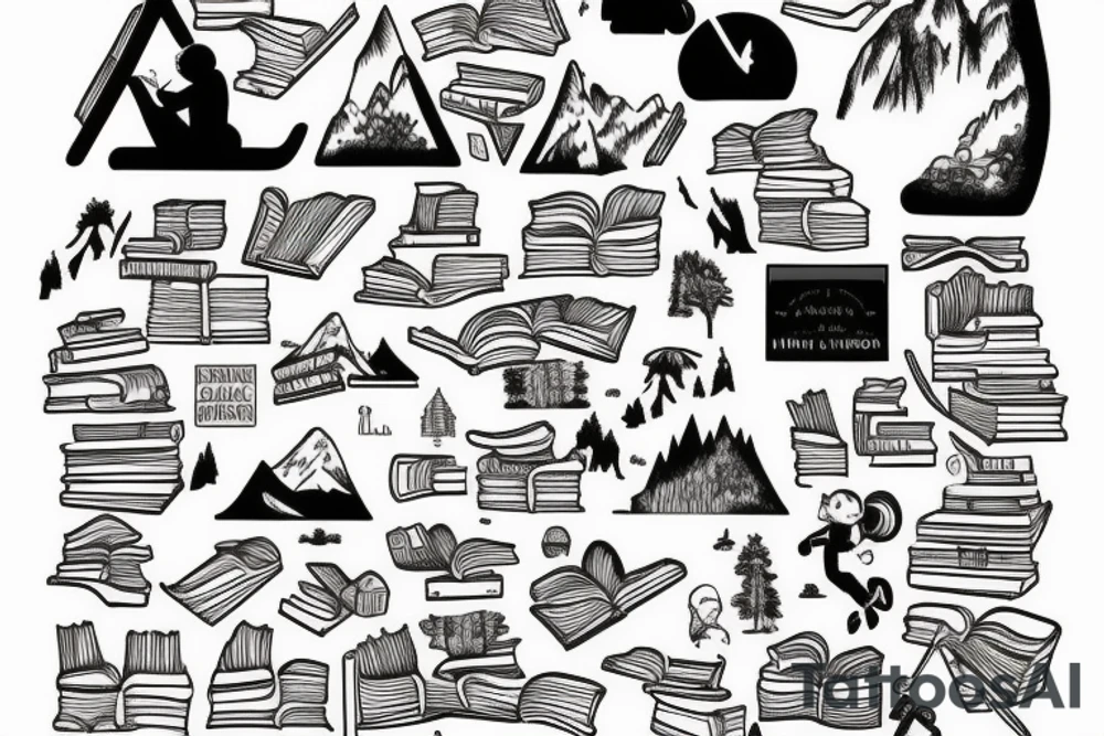 Mountains, Piano, Books, Travel tattoo idea