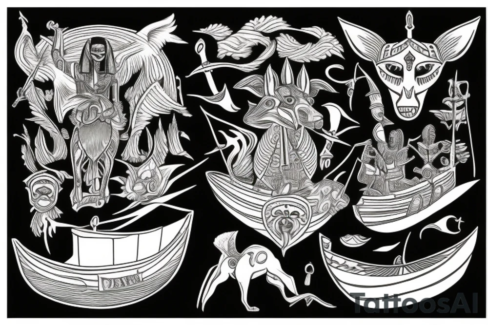 Anubis is sailing in a boat on the river of the dead tattoo idea
