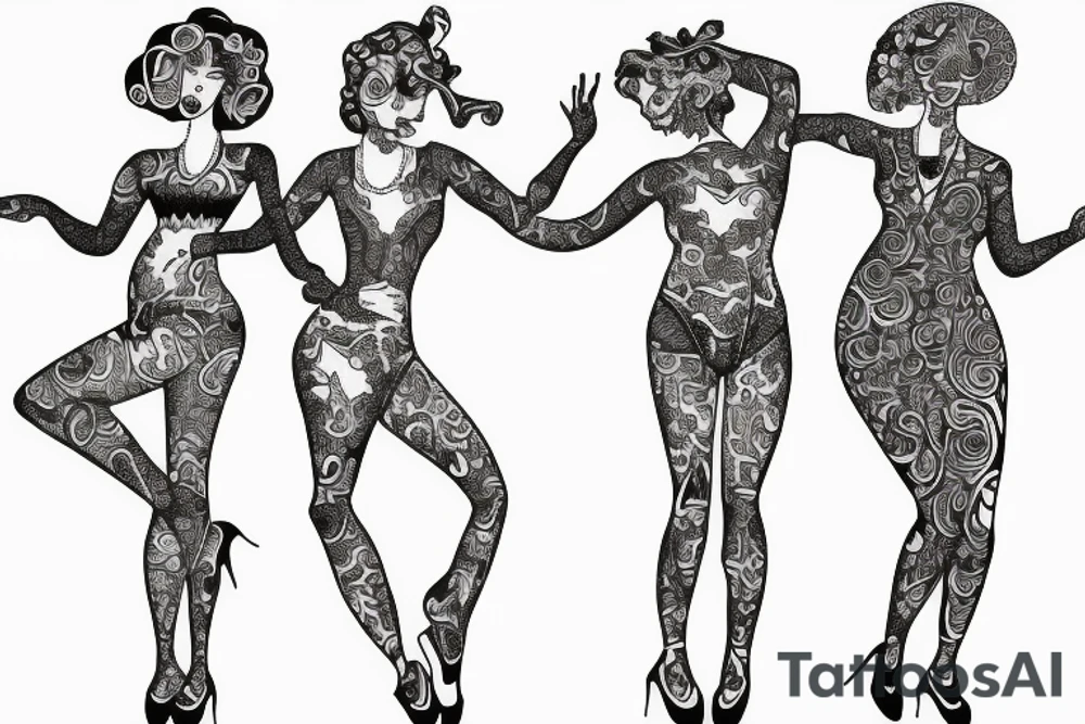 quirky line drawing of 3 women dancing tattoo idea