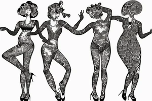 quirky line drawing of 3 women dancing tattoo idea