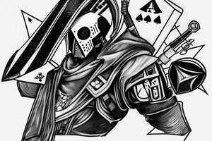 Cayde-6 from destiny is above and behind a big spades from cards with the ace of spades in his hand and it says Memento mori under the spades tattoo idea