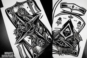 Cayde-6 from destiny is above and behind a big spades from cards with the ace of spades in his hand and it says Memento mori under the spades tattoo idea