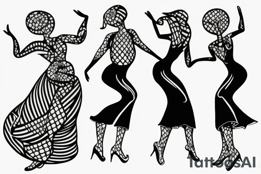 quirky line drawing of 3 women dancing, simple tattoo idea