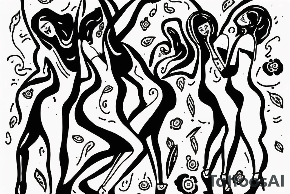quirky line drawing of 3 women dancing, simple tattoo idea