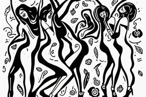 quirky line drawing of 3 women dancing, simple tattoo idea