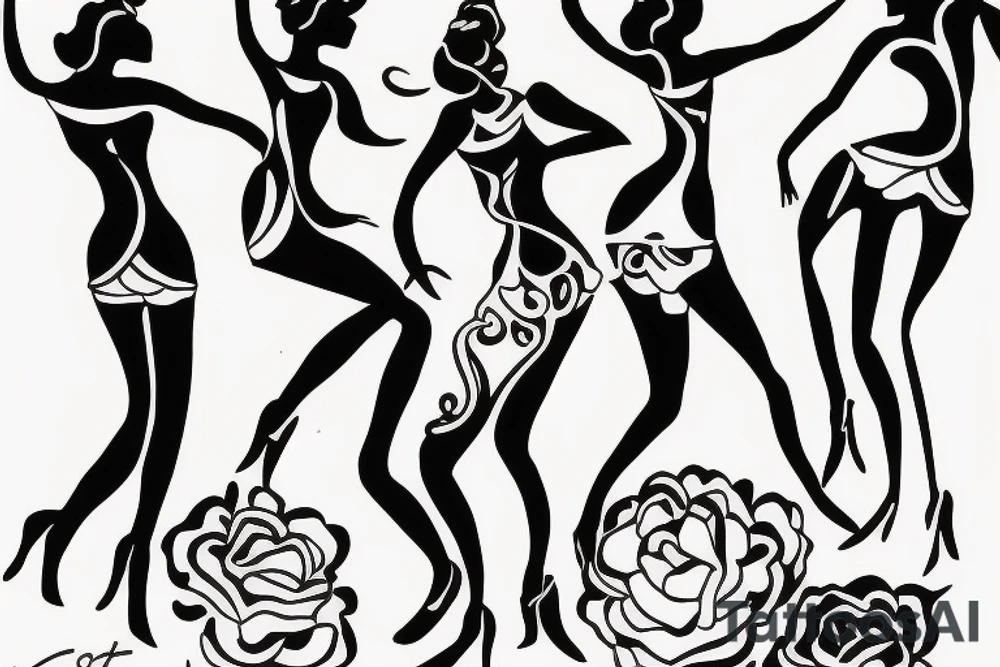 simple  quirky line drawing of 3 women dancing, simple tattoo idea
