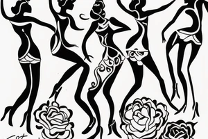 simple  quirky line drawing of 3 women dancing, simple tattoo idea
