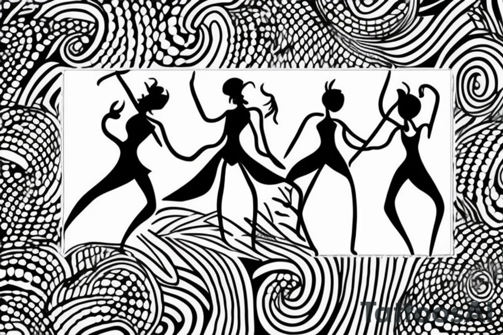 simple  quirky line drawing of 3 women dancing, simple tattoo idea