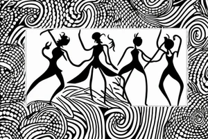simple  quirky line drawing of 3 women dancing, simple tattoo idea