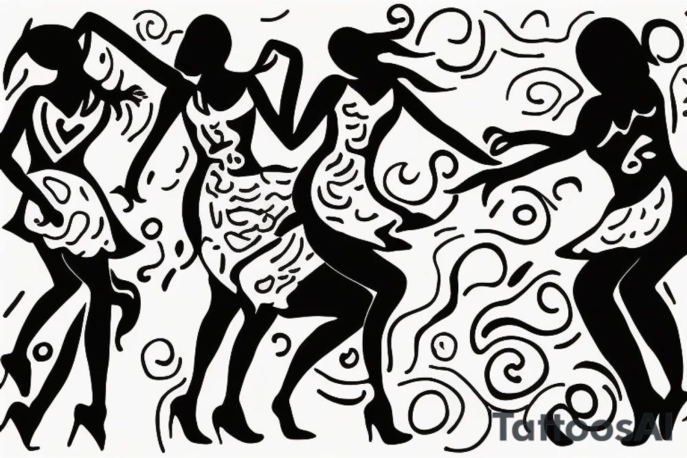simple  quirky line drawing of 3 women dancing, simple tattoo idea
