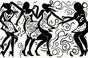 simple  quirky line drawing of 3 women dancing, simple tattoo idea