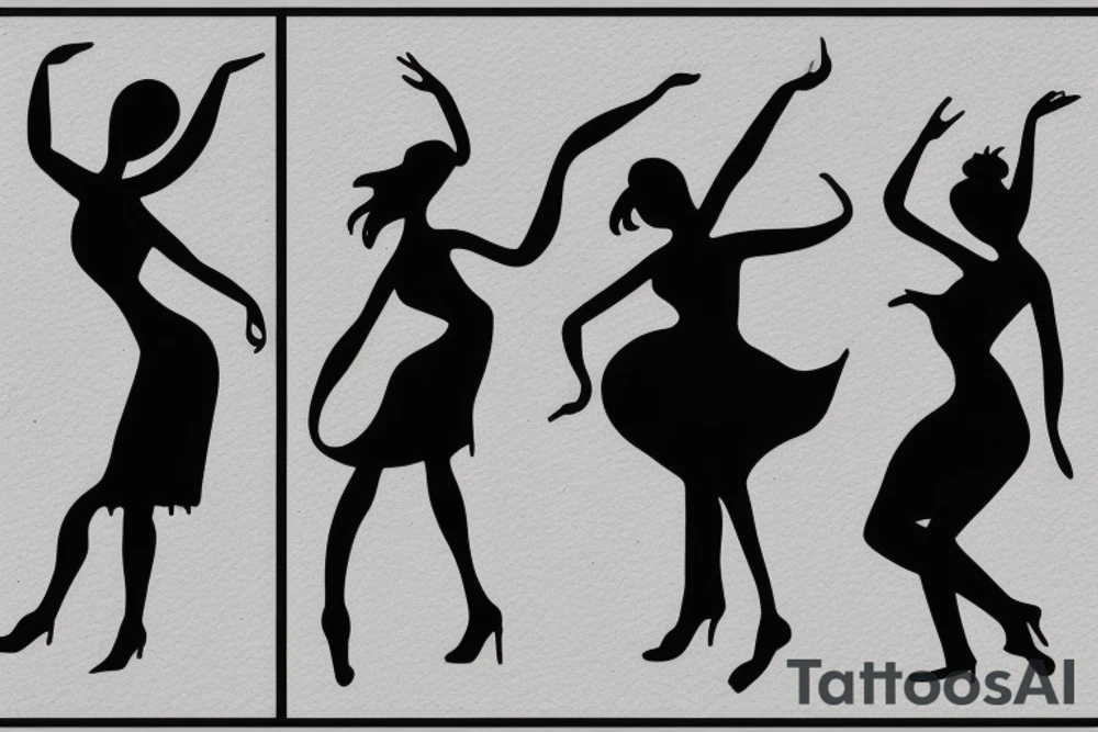 simple  quirky line drawing of 3 women dancing, simple tattoo idea
