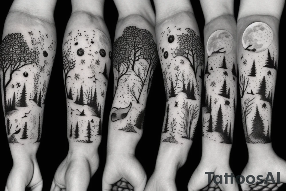 Moon, night, forest, animals tattoo idea