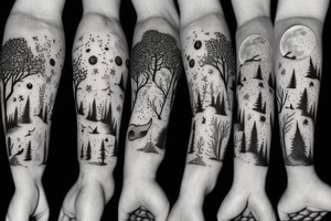 Moon, night, forest, animals tattoo idea
