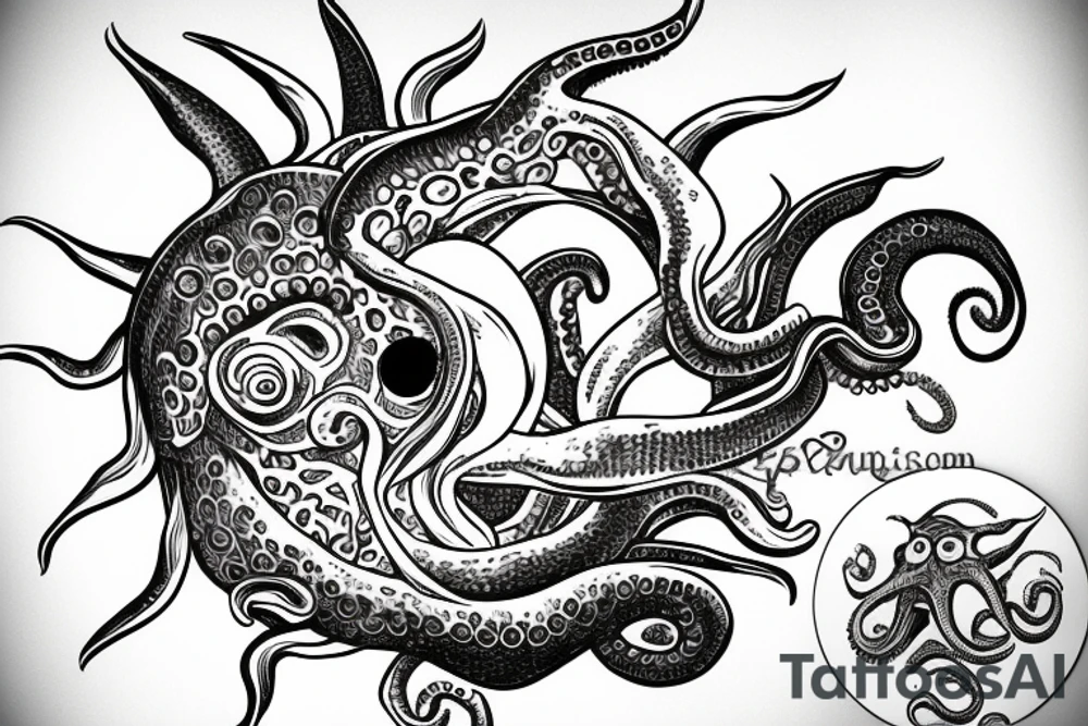 rising sun sun burst sun rise over ocean with an alien octopus tattoo idea