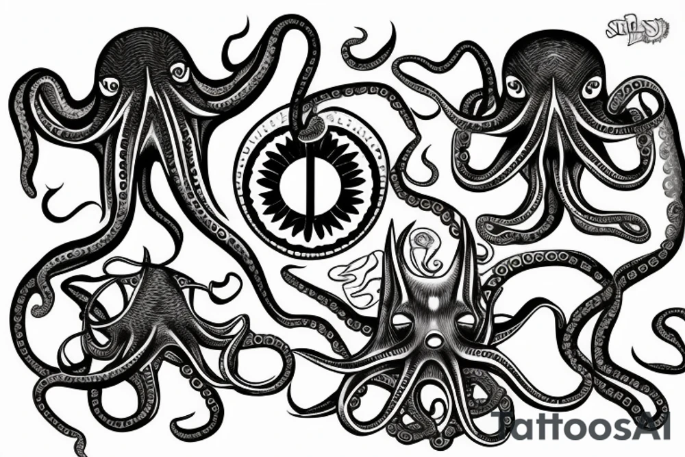 rising sun sun burst sun rise over ocean with an alien octopus tattoo idea