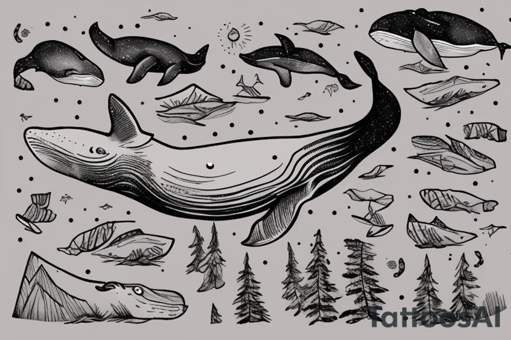 A whale on a snowboard dressed in a brown bear skin tattoo idea