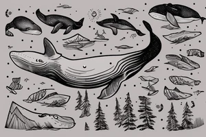 A whale on a snowboard dressed in a brown bear skin tattoo idea