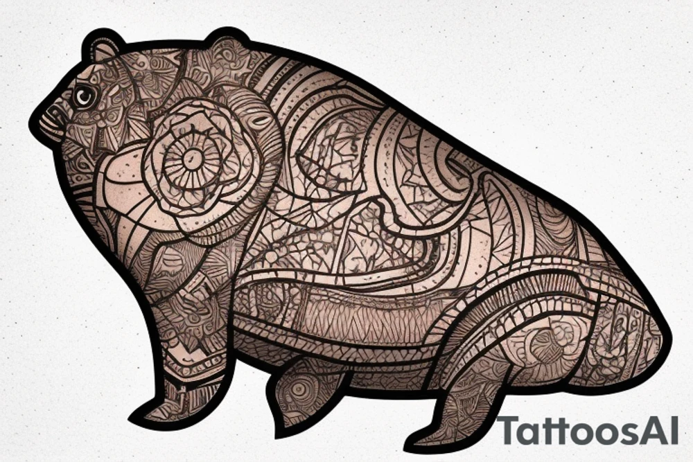 A whale on a snowboard dressed in a brown bear skin tattoo idea