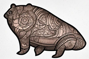 A whale on a snowboard dressed in a brown bear skin tattoo idea