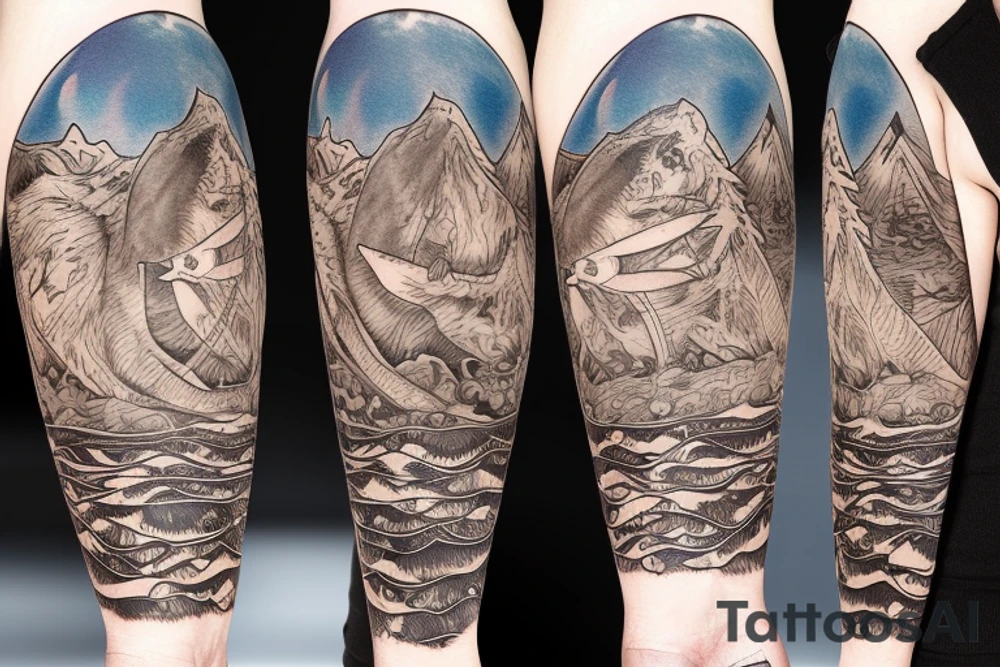 A whale on a snowboard dressed in a brown bear skin tattoo idea
