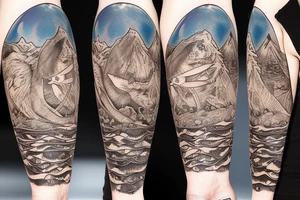 A whale on a snowboard dressed in a brown bear skin tattoo idea