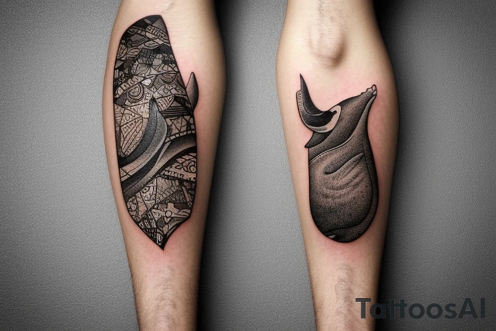 A whale on a snowboard dressed in a brown bear skin tattoo idea