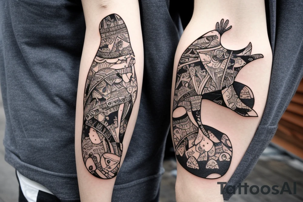 A whale on a snowboard dressed in a brown bear skin tattoo idea