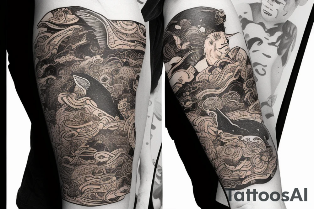 A whale on a snowboard dressed in a brown bear skin tattoo idea