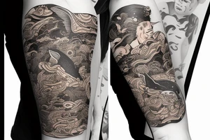 A whale on a snowboard dressed in a brown bear skin tattoo idea