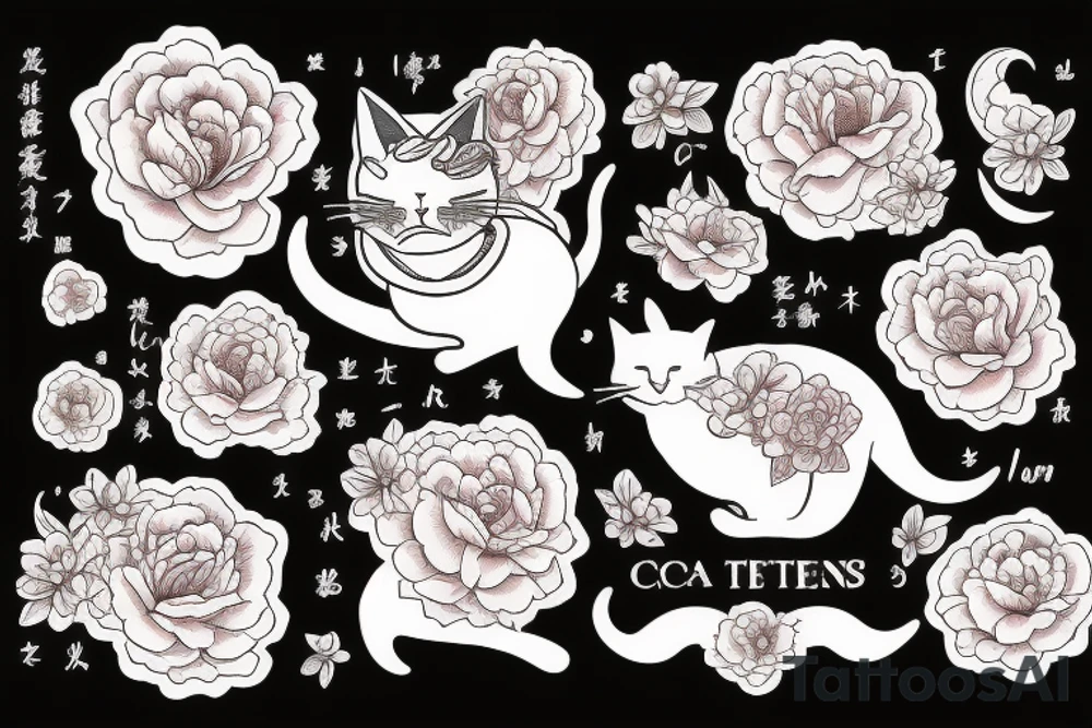 Cat, moon, scull, peonies tattoo idea