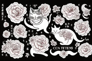Cat, moon, scull, peonies tattoo idea