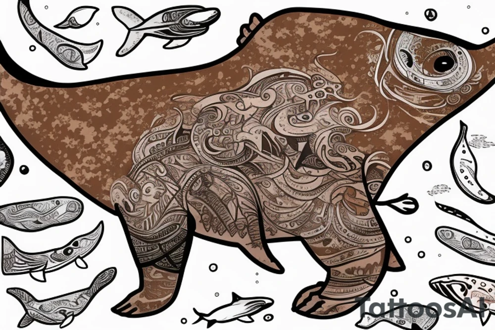 A whale on a snowboard dressed in a brown bear skin tattoo idea